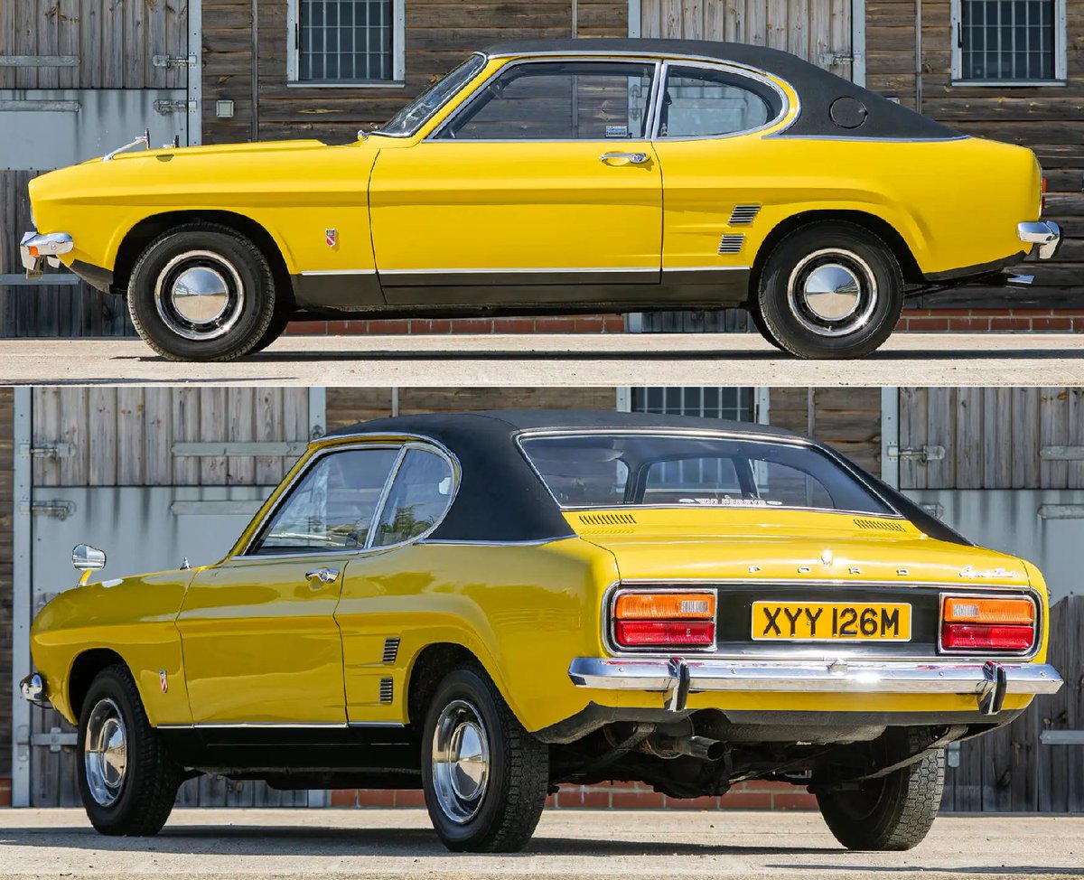 UltimativCars's tweet photo. #SupercarFest2025
The 1st real (non-Consul) #Ford #Capri #MkI [#ECJ] (1967-74) was made in 1.2M units, of which an still uncertain amount in #RHD - in the UK &amp; Germany.

This 1973 #Daytona-#yellow RHD-Capri #1300L w/ #black #Vinyl-roof was est. at £15-18k - to fail at £12k quit. https://t.co/yR7Io15Lve