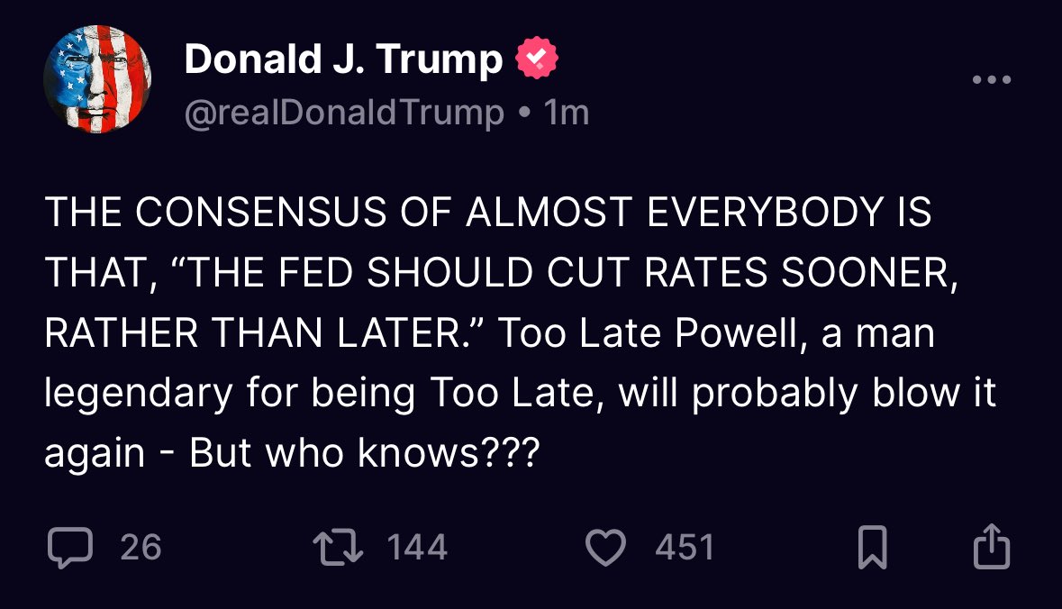 🚨 BREAKING: "Trump: 'La Fed deve tagliare i tassi', ma Powell è 'Troppo Tardi'"