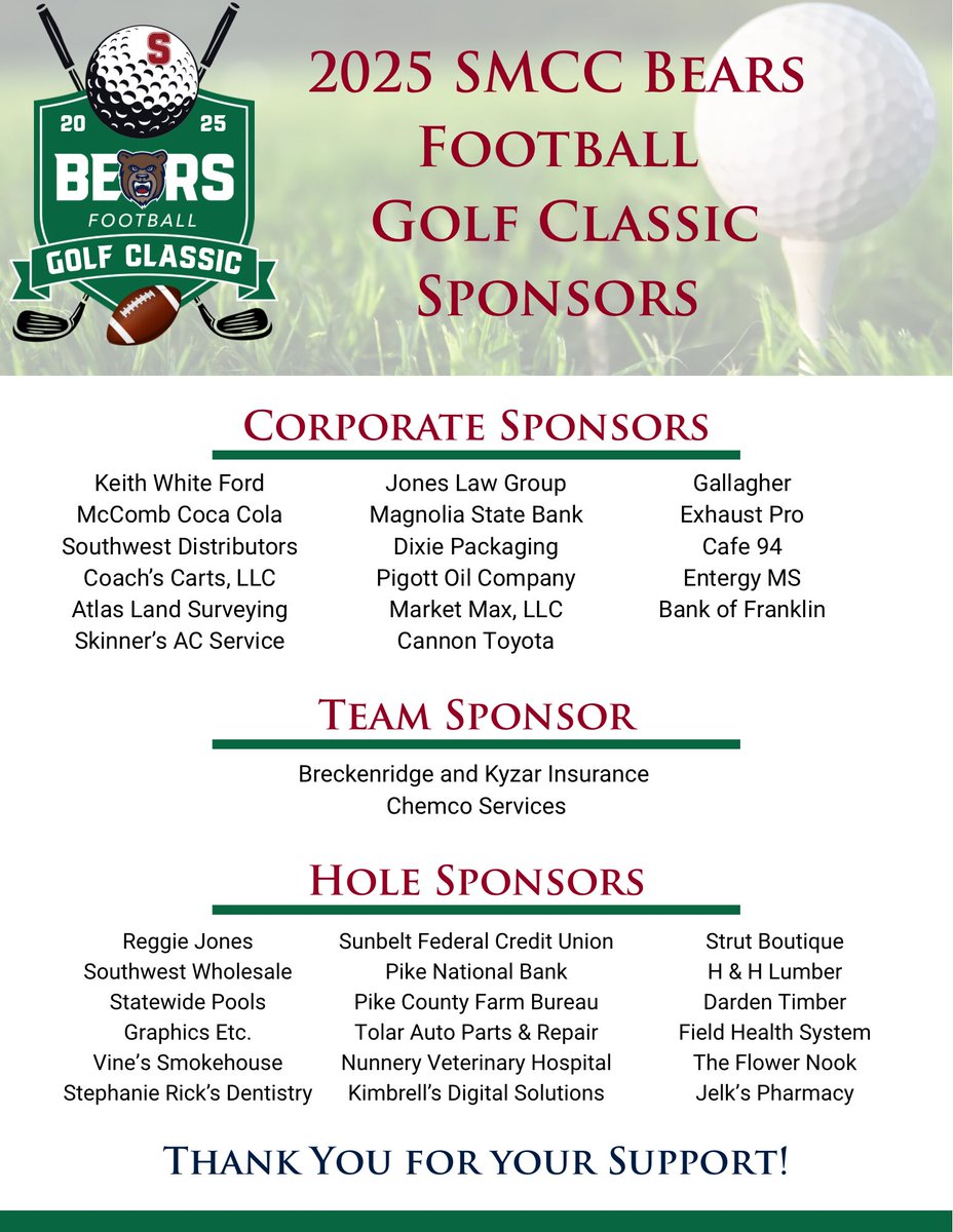 Once again we want to say thank you to the many sponsors of yesterdays 2025 Bears Football Golf Classic!