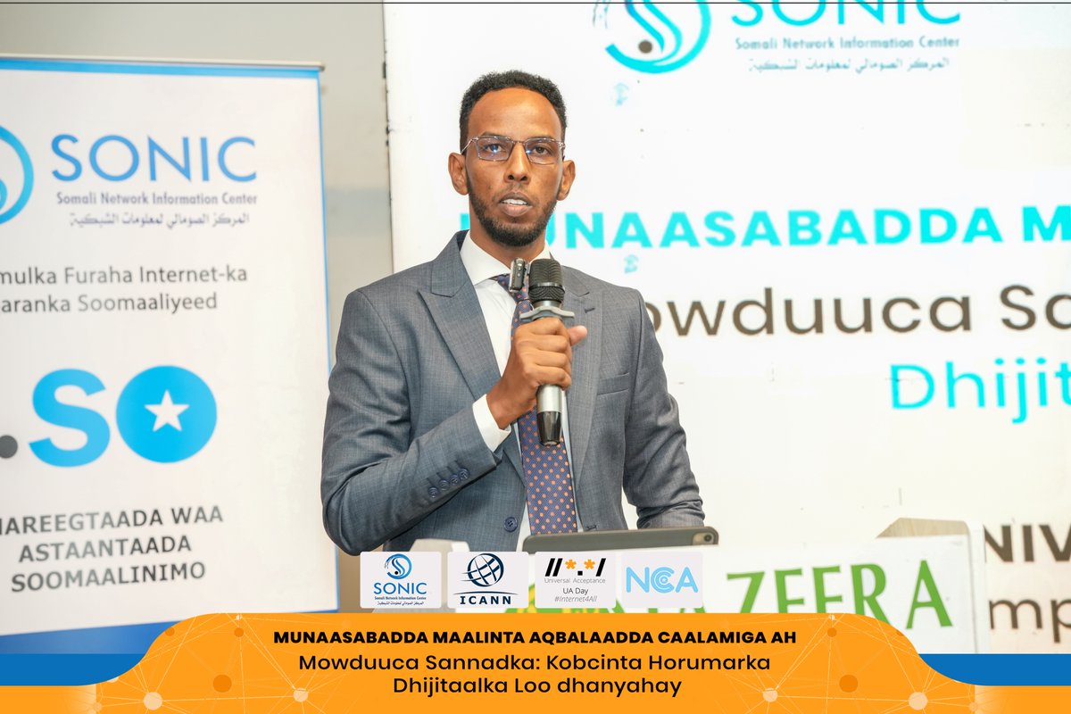 SomaliaNCA's tweet photo. NCA Hosts Universal Acceptance Day to Promote Digital Inclusion

Mogadishu, Somalia – 17 May 2025 – The National Communications Authority (NCA) hosted a full-day training and adoption event in Mogadishu to mark Universal Acceptance (UA) Day 2025 under the theme “Empowering Digital Inclusion.”

The event brought together government officials, development partners, academia, telecom operators, internet service providers, technology companies, and civil society to explore how Universal Acceptance can help ensure equal access to the internet.

In his opening remarks, Mr Ahmed Ali Salad, The Deputy Director of the NCA, emphasized the importance of Universal Acceptance in advancing Somalia’s digital transformation and supporting equitable access to online services. He noted: “Universal Acceptance helps ensure systems recognize all valid domain names and email addresses, supporting a more inclusive and reliable digital environment in Somalia.”

The event, organized by the Somali Network Information Centre (SONIC), a technical entity under the NCA and supported by the Internet Corporation for Assigned Names and Numbers (ICANN), aimed to raise awareness and build technical readiness across Somalia’s ICT ecosystem. Universal Acceptance is a key principle that ensures domain names and email addresses, regardless of script, language, or character length, are recognized across all internet-enabled systems.

The one-day event featured technical presentations and hands-on sessions covering Internationalized Domain Names (IDNs), Email Address Internationalization (EAI), and practical coding approaches to help participants create UA-ready websites and applications.

#UniversalAcceptanceDay #DigitalInclusion #SomaliaICT #EmpoweringDigitalInclusion #NCASomalia #SONICSomalia #ICANN #InternetForAll #TechForInclusion #UAReadiness #IDN #EAI #DigitalTransformation #InclusiveInternet