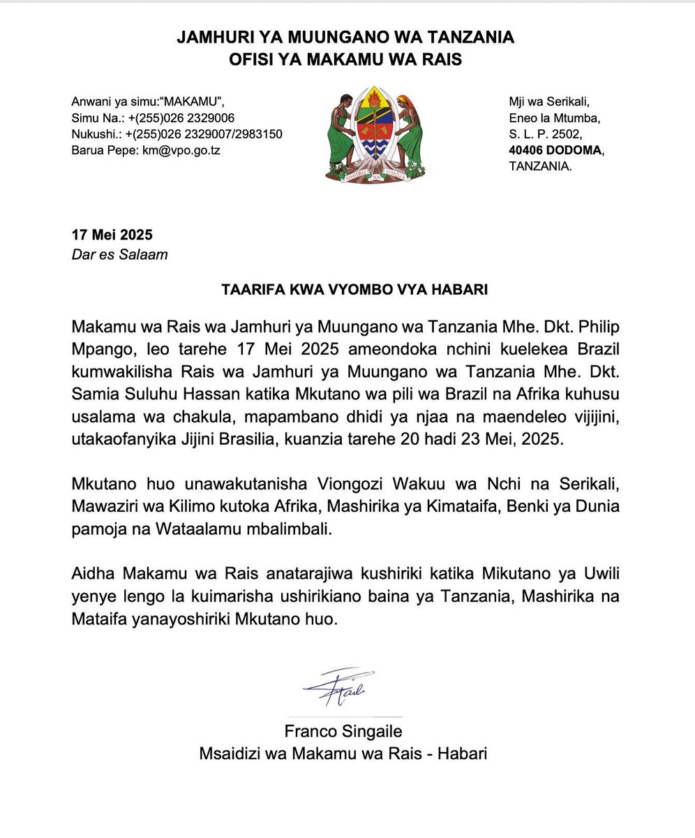 matokeochanya's tweet photo. Makamu wa Rais Mhe. Dkt.Philip Mpango kumwakilisha Rais wa Jamhuri ya Muungano wa Tanzania Mhe. Dkt. Samia Suluhu Hassan katika Mkutano wa Brazil na Afrika kuhusu Usalama wa Chakula. https://t.co/osKvH69gpa