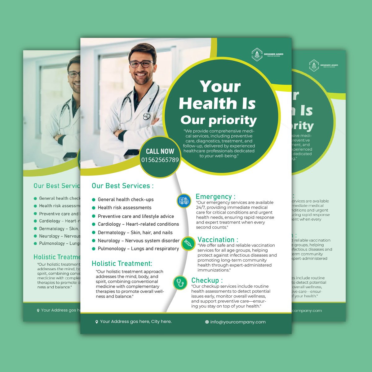 graphixash's tweet image. Sleek green-and-white layout with bold headline, clear icons, &amp;amp; standout “Call Now” button—perfect for professional healthcare promos.

#FlyerDesign #HealthcareDesign #CleanLayout #GraphicDesign