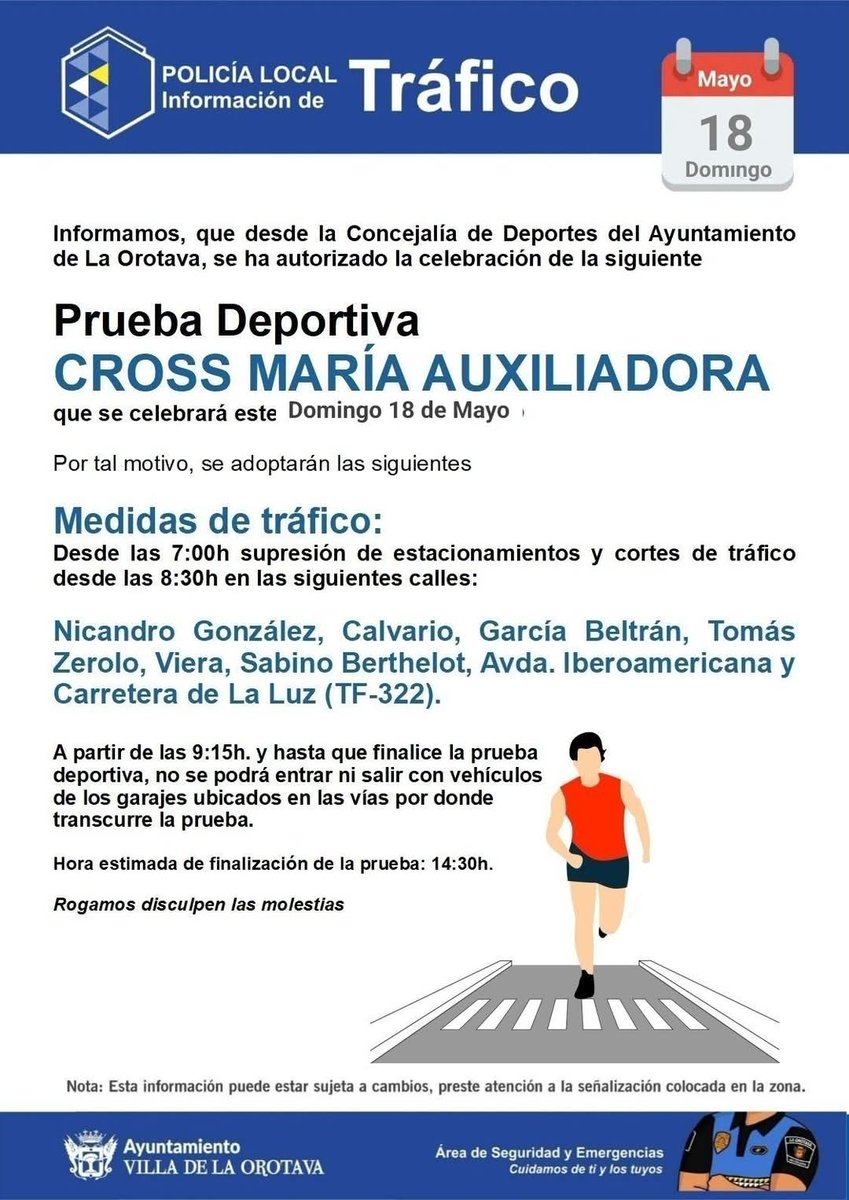 ℹ️ #𝗧𝗿𝗮́𝗳𝗶𝗰𝗼 Recuerda, mañana DOMINGO, 𝗖𝗥𝗢𝗦𝗦 𝗠𝗔𝗥𝗜𝗔 𝗔𝗨𝗫𝗜𝗟𝗜𝗔𝗗𝗢𝗥𝗔. Presta atención a la información de tráfico.
🚧 Corte de la Carretera de La Luz (TF-322)