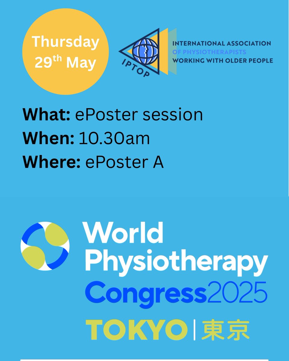 Come along to the next ePoster session of 2025 that has a focus on older people’s physiotherapy.
Its starts at 10.30am at ePoster A #WorldPhysio2025
