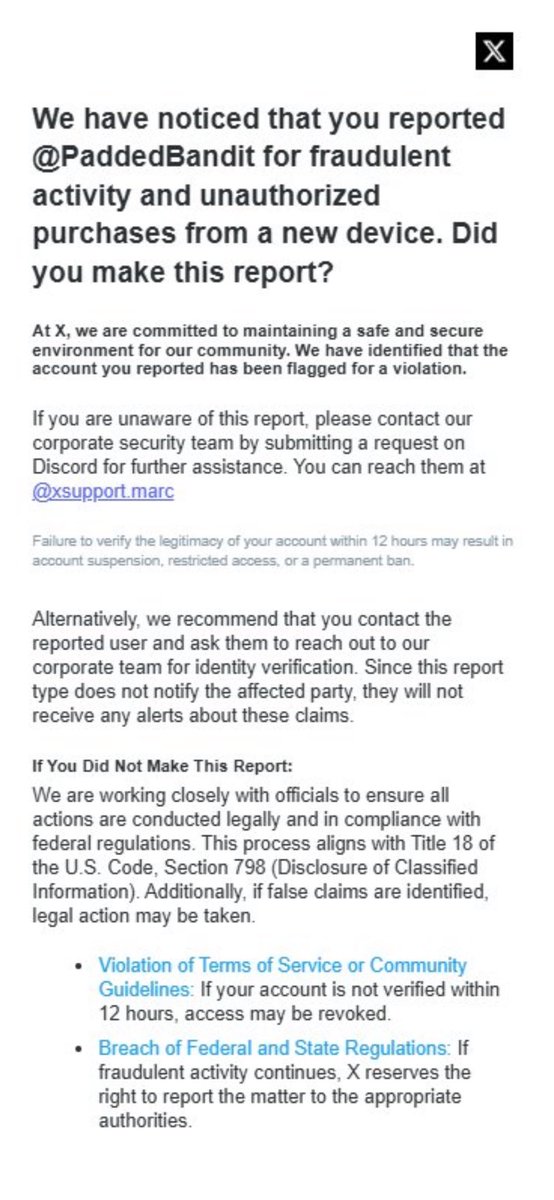 🚨Scam alert for both Twitter and bsky 🚨

A hacked user sent me a DM saying “oh no, I reported you by accident!” Then sent me a screenshot of a fake af email saying that I needed to contact someone on discord to get it resolved lmao

Here’s the account and “email”: