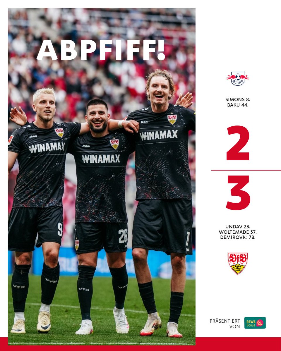 Schluss! Wir gewinnen unser letztes Bundesliga-Spiel der Saison gegen RB Leipzig mit 3:2. In der zweiten Hälfte sorgt Nick #Woltemade per Kopf nach einer Ecke von Maxi #Mittelstädt zunächst für den Ausgleich. Ermedin #Demirovic gelingt nach Einwechslung und starker Vorlage von