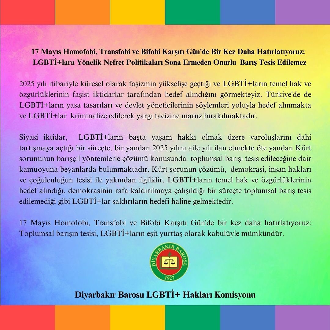 dblgbti's tweet photo. 17 Mayıs Homofobi, Transfobi ve Bifobi Karşıtı Gün'de Bir Kez Daha Hatırlatıyoruz:
 
LGBTİ+lara yönelik nefret politikaları sona ermeden onurlu barış tesis edilemez.

#IDAHOBIT2025 https://t.co/QllGMtPXCH