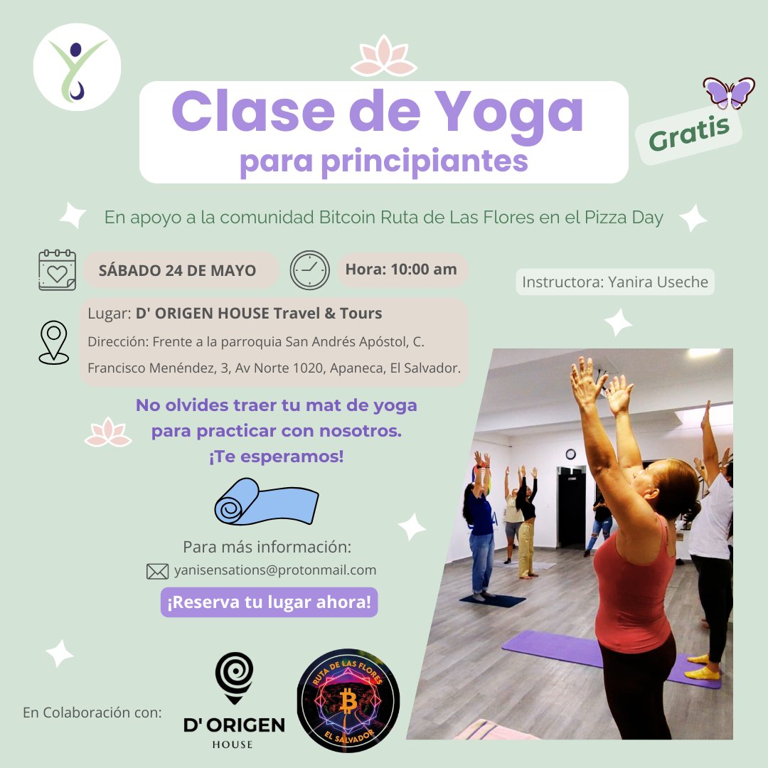 ¡Faltan solo 7 días para el Festival #BitcoinPizzaDay en Apaneca, El Salvador! 

🧘‍♀️🧘Únete a nuestra clase de yoga gratuita para empezar el día con energía y disfruta de todas las actividades que tendremos durante el evento. ¡No te lo pierdas!

En Colaboración con: