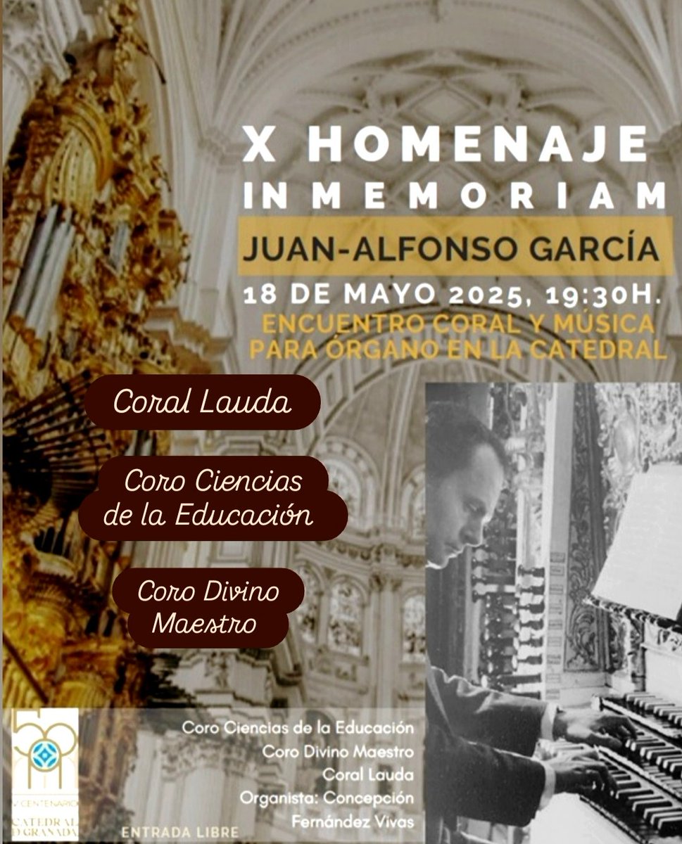 Y también tendremos coros federados en la catedral de Granada este DOMINGO 18 de MAYO. Será en un encuentro coral en homenaje a Juan Alfonso García, a las 19:30 y con entrada libre...
#Coros #MúsicaCoral#encuentrocoral