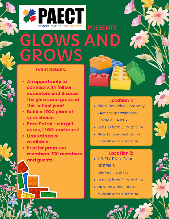 Join <a href="/swpaect/">SW PAECT</a> to connect, network, and create a LEGO flower set of your own!

June 13 from 3-5

TWO LOCATIONS TO CHOSE FROM : Oakdale, PA OR in Bedford, PA

Be sure to register for the location that works best for you.
paect.org