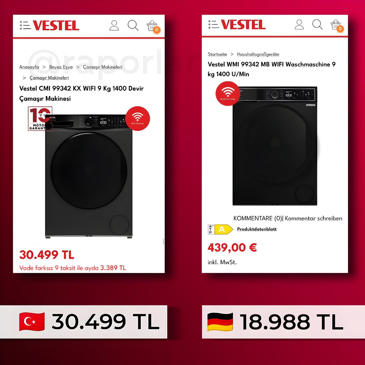 Almanya’da 18 bin TL’ye satılan çamaşır makinası 
Türkiye’de aynı marka aynı ürünü neden 30 bin TL’ye satıyor?
Bu doğruysa bunun nedeni nedir ? <a href="/Vestel/">Vestel</a> <a href="/TuketiciBasvuru/">Tüketici Başvuru Merkezi</a> <a href="/THRHMerkez/">Tüketici Hakları ve Rekabet Hukuku Merkezi</a>