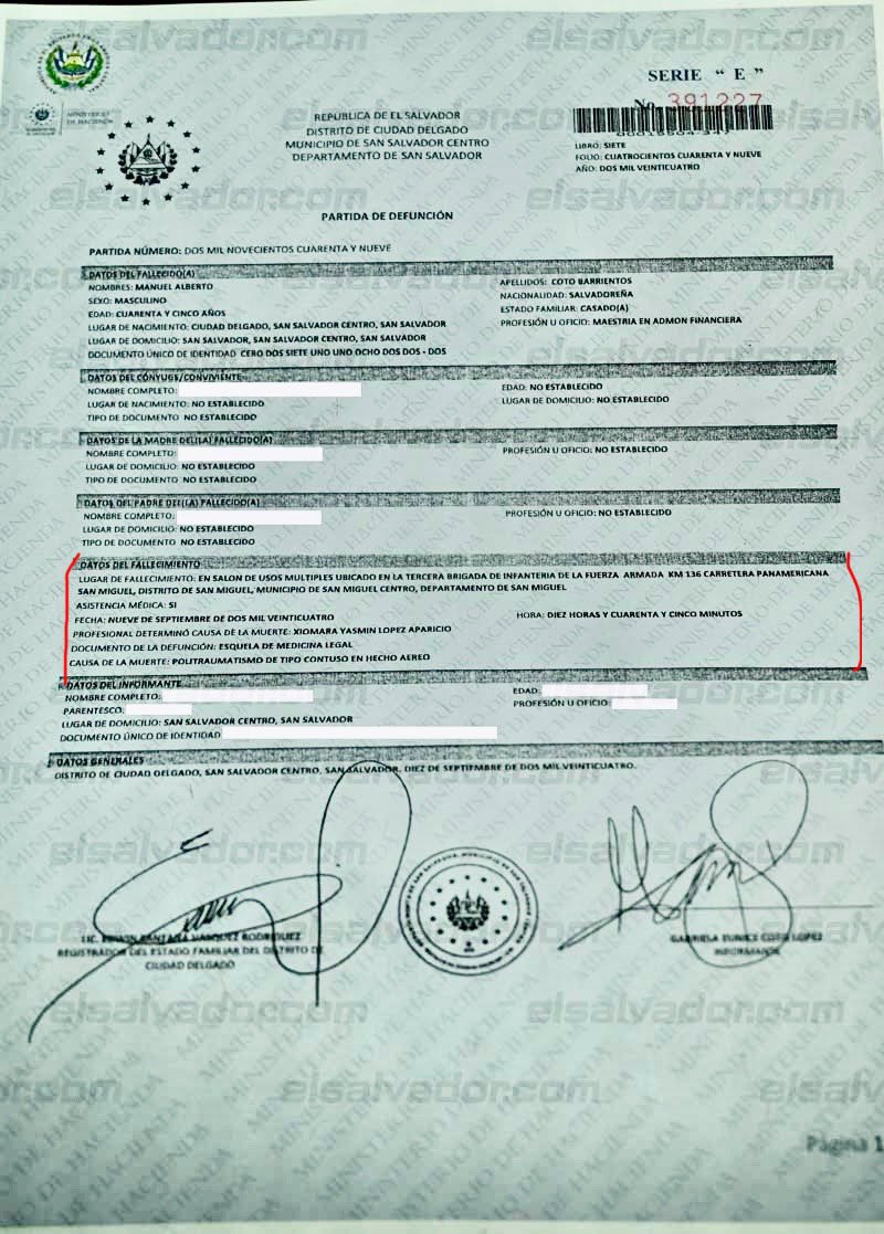 Manuel Coto de COSAVI sobrevivió al accidente aéreo 🚁 muere a las 10:30 am del día siguiente del accidente, en la Tercera Brigada de Infantería en San Miguel, según el documento entregado por la Fuerza Armada

🔴 ¿Por qué no fue llevado a un hospital? 🤔😳