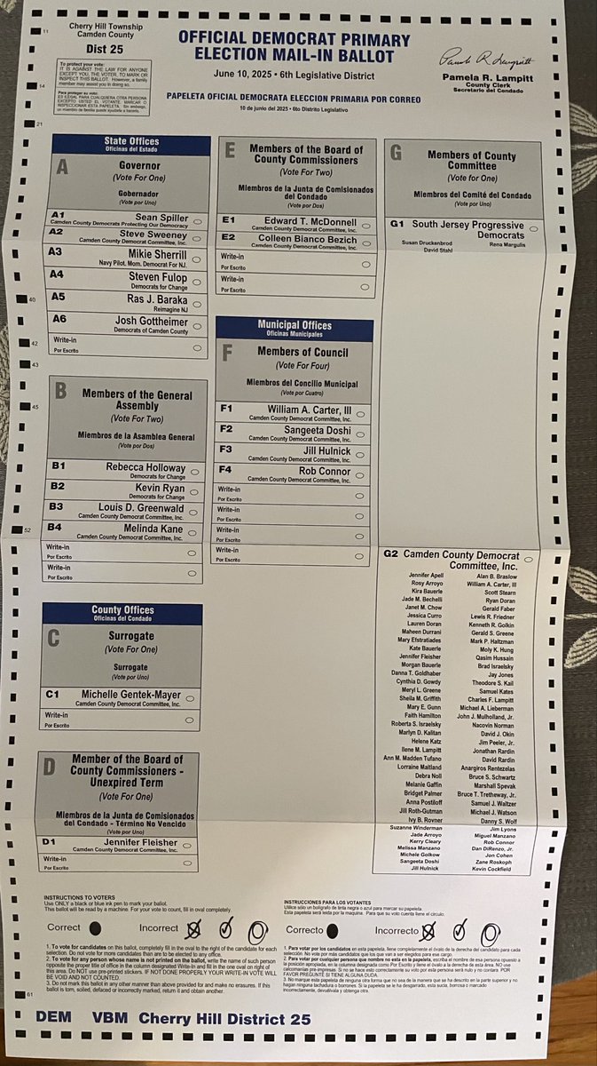 <a href="/delany_kate/">Kate Delany</a> <a href="/JerseyDemocrats/">South Jersey Progressive Democrats</a> <a href="/YaelBromberg/">Yael Bromberg יָעֵל يل 🎗☮️🕊</a> <a href="/DStahl01/">David Stahl</a> <a href="/joe_bouvier/">Joe Bouvier</a> Here’s the Cherry Hill ballot, the committee race for the whole town is 1 vote for 3 or 1 vote for 74. How is that democratic?