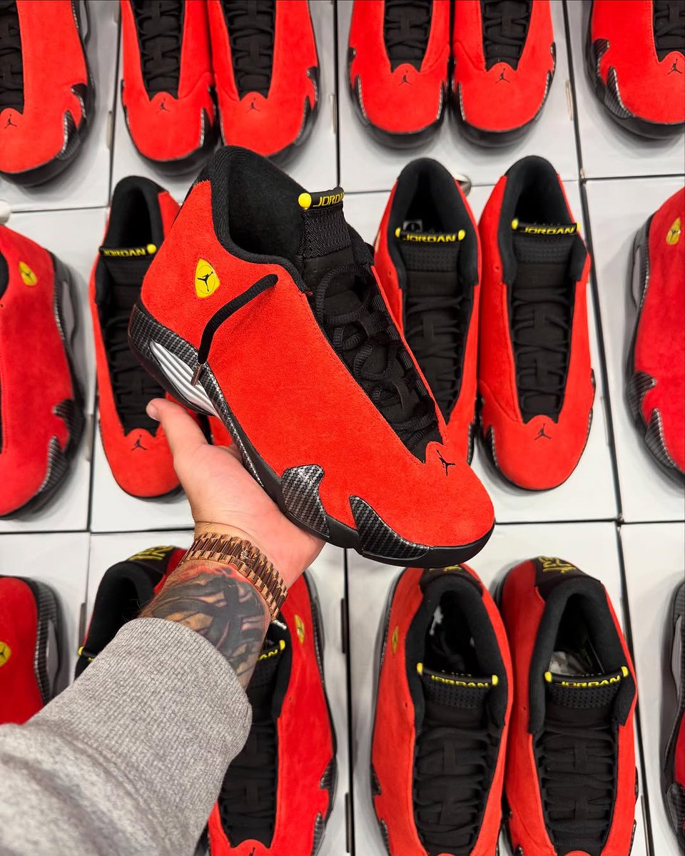 JustFreshKicks's tweet photo. IN HAND LOOK: 2025 Air Jordan 14 Retro “Ferrari” 🏎️💨

🗓️ June 11th https://t.co/SwscvzWZgt