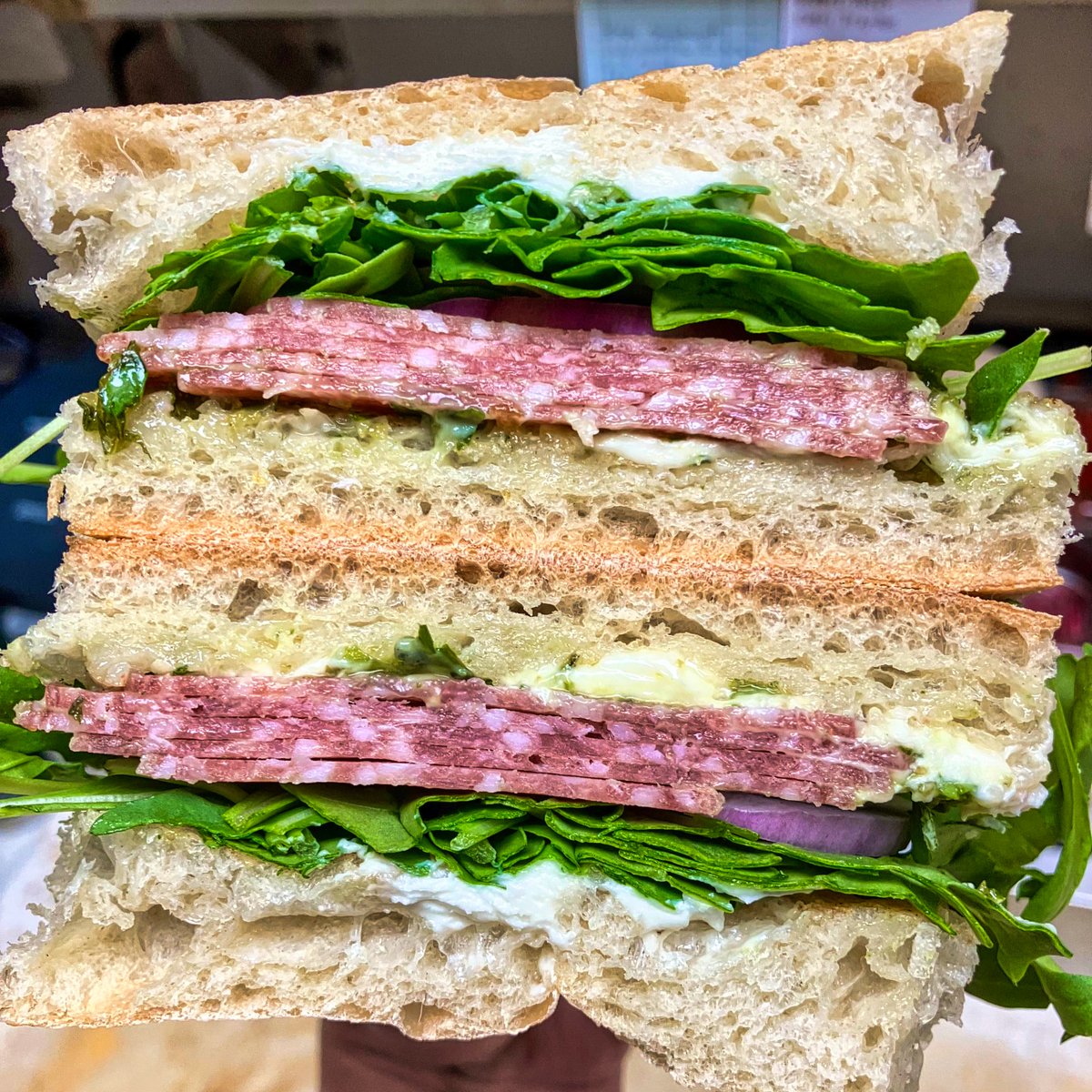 A Sassy Salami Sammy on Saturday and Sunday?
Yessssssss please!
Salami, jalapeño pistachio pesto, roasted garlic mascarpone, sliced red onion, and arugula on a focaccia bun!
It's the weekend special!