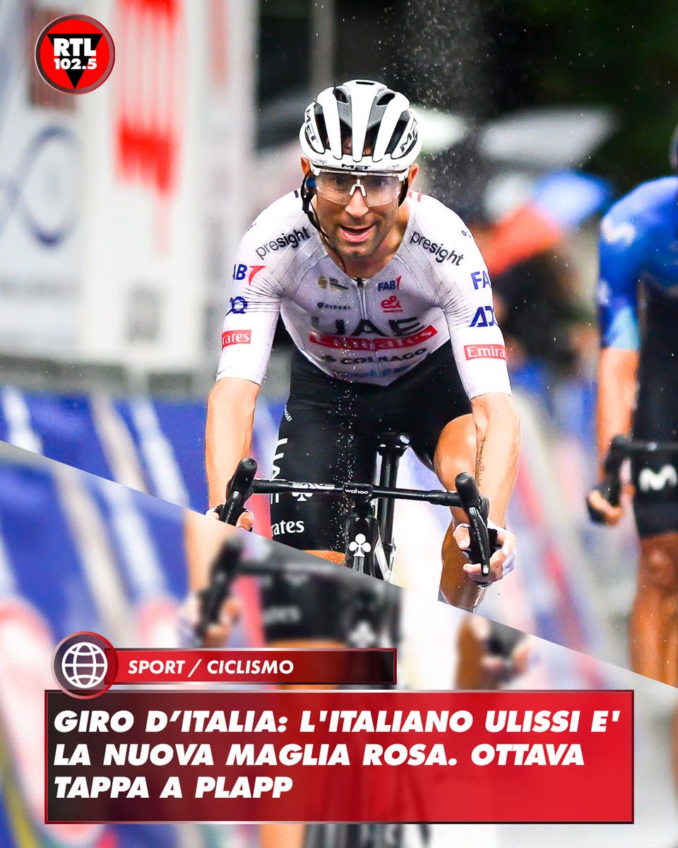 rtl1025's tweet photo. 🚴♂️ #DiegoUlissi nuova Maglia Rosa del Giro d'Italia, Lorenzo Consonni secondo in classifica generale, Primoz Roglic scende al terzo posto. A vincere l'ottava tappa è #LukePlapp (Jayco AlUla), che si è messo dietro Wilco Kelderman (Team Visma Lease a Bike) e lo stesso Ulissi.
#GirodItalia #CAROVANA2025