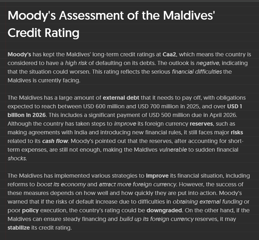 _mohamedimad's tweet photo. #Moody's has rated the #Maldives' credit as Caa2, indicating high default #risk and a negative outlook due to significant external #debt obligations.

#VisitMaldives https://t.co/CoplS3Fw5f