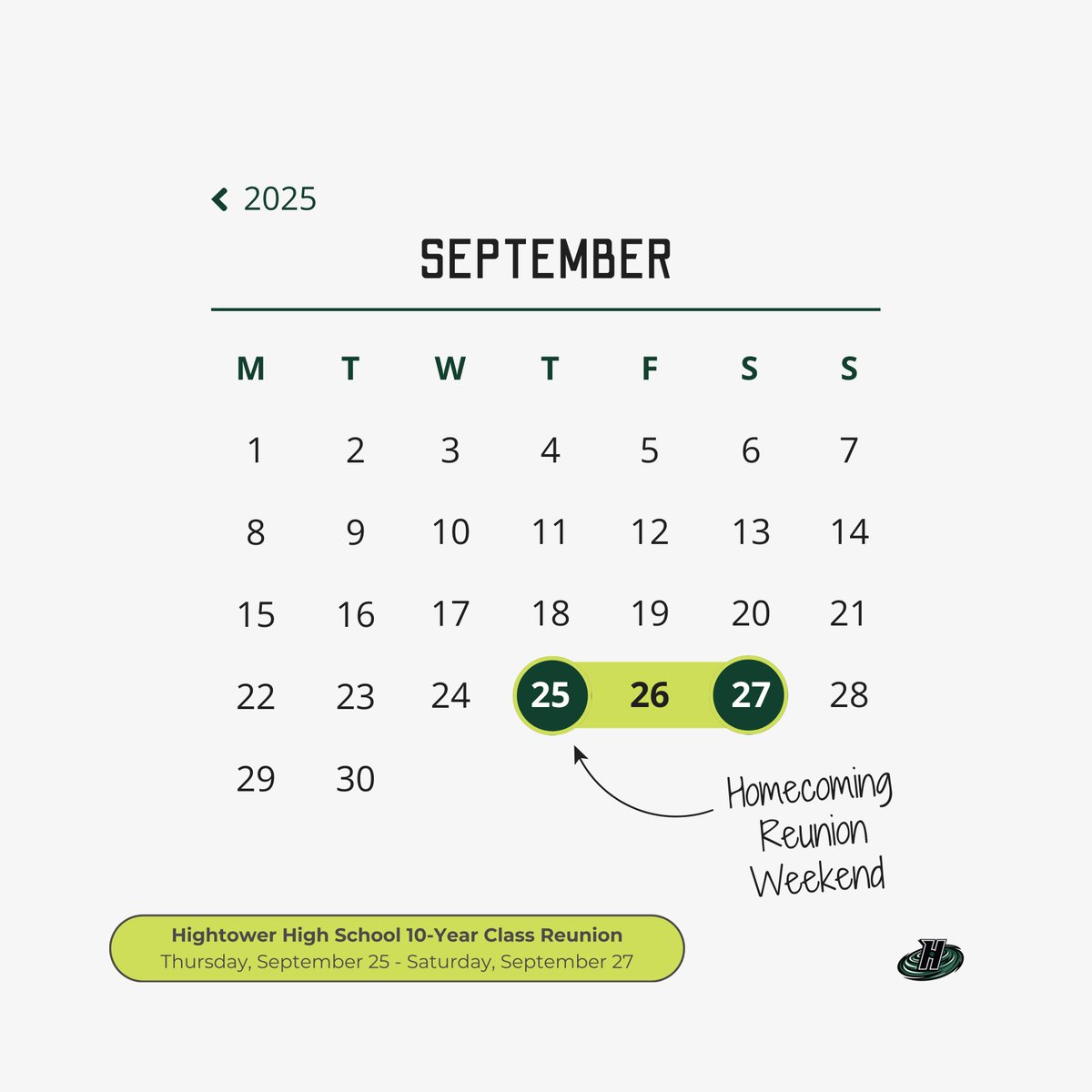 hhscanes2015's tweet photo. Happy Saturday, Hurricanes!

Mark your calendars for homecoming weekend for us to reconnect and celebrate 10 years since graduation. More details on tickets and activities are coming soon as we coordinate with the school’s Homecoming Committee. Tag your classmates!

#HHSCanes2015 https://t.co/coMxbdjmAo