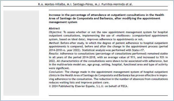 Journal of Healthcare Quality Research (@jhealthqualityr) on Twitter photo 📰 Aumento en el porcentaje de asistencia a las consultas ext... tras modificar el sistema de gestión de citas
✏️Original por RA Montes-Villalba et al <a href="/JHealthQualityR/">Journal of Healthcare Quality Research</a> #RevistaSECA #JHQR
👉 bit.ly/3EL2tf8
✅ #CalidadAsistencial #ConsultasExternas #AdherenciaDelPacientes 📰 Aumento en el porcentaje de asistencia a las consultas ext... tras modificar el sistema de gestión de citas
✏️Original por RA Montes-Villalba et al <a href="/JHealthQualityR/">Journal of Healthcare Quality Research</a> #RevistaSECA #JHQR
👉 bit.ly/3EL2tf8
✅ #CalidadAsistencial #ConsultasExternas #AdherenciaDelPacientes