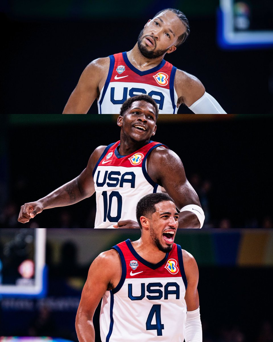FIBA's tweet image. Jalen Brunson, Anthony Edwards and Tyrese Haliburton - the key guard trio of USA 🇺🇸 in #FIBAWC 2023 - have all led their teams to NBA Conference Finals 🔥

Will we see them run it back in 2027 Qatar? #StepItUp