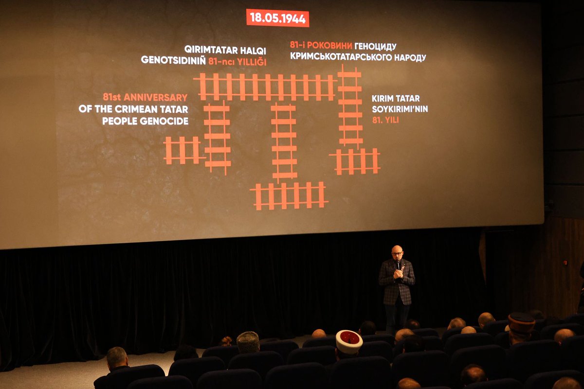 crimeaplatform's tweet photo. 📽️ A commemorative event marking the 81st anniversary of the deportation of the Crimean Tatar people was held at the Zhovten cinema, featuring a screening of the film 1944. The event was initiated by the Mejlis of the Crimean Tatar People.

🎙️ Opening remarks were delivered by Crimean Tatar leader Mustafa Dzhemilev, First Deputy Chairman of the Verkhovna Rada of Ukraine Oleksandr Korniienko, Chairman of the Mejlis Refat Chubarov, Head of the Information Department of the Mission Yevhen Bondarenko, and Mavile Khalil, screenwriter of the film and manager at the Crimean Studies Center of NaUKMA. The event was attended by representatives of the diplomatic corps, the Crimean Tatar community, civil society, and military personnel.

🎞️ As part of the event, attendees viewed the documentary film 1944, produced by FRESH Production. The film presents testimonies from those who survived the deportation of the Crimean Tatar people. The witnesses recount how their families were awakened by sudden knocks on the door, how they were loaded into cattle cars and taken from their native Crimea, and how the first years in exile began — years marked by hunger, disease, and mass mortality. These harsh conditions led to the deaths of nearly half of the deported population — 46% of the Crimean Tatar people.

🖼️ The event also featured the information exhibition QIRIM IÇÜN / For Crimea, showcasing works by Ukrainian artist Anton Logov. The exhibition is dedicated to the Day of Remembrance of the Victims of the Genocide of the Crimean Tatar People and aims to foster reflection on Crimea’s historical connection to Ukraine — from the era of the Crimean Khanate, which established a tradition of statehood, to the tragedies and resistance of the 20th and 21st centuries. Special attention was given to illustrating the continuity of Russia’s repressive policies: from the first annexation of the peninsula in 1783, to the 1944 genocide, and the ongoing occupation that began in 2014.

📌 The event was organized by the Mejlis of the Crimean Tatar People, the @QTMMinfo, the state enterprise Crimean House, and the Crimean Studies Center at NaUKMA. Partners of the event included the Crimean Tatar cuisine restaurant Musafir, the united initiative Crimean Front, and the Zhovten cinema.