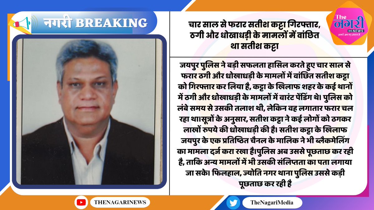 जयपुर
चार साल से फरार सतीश कट्टा गिरफ्तार 
ठगी और धोखाधड़ी के मामलों में वांछित था सतीश कट्टा
#TheNagariMedia