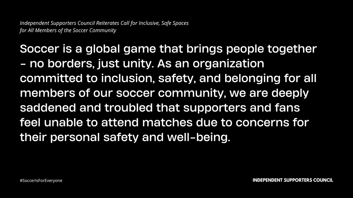 ISCSupporters's tweet photo. Soccer unites us across cities, clubs, and cultures—but safety and dignity are not yet guaranteed for every supporter.

We reaffirm our commitment to creating inclusive, welcoming environments for all fans, regardless of background or immigration status. https://t.co/bA92gkt3BG