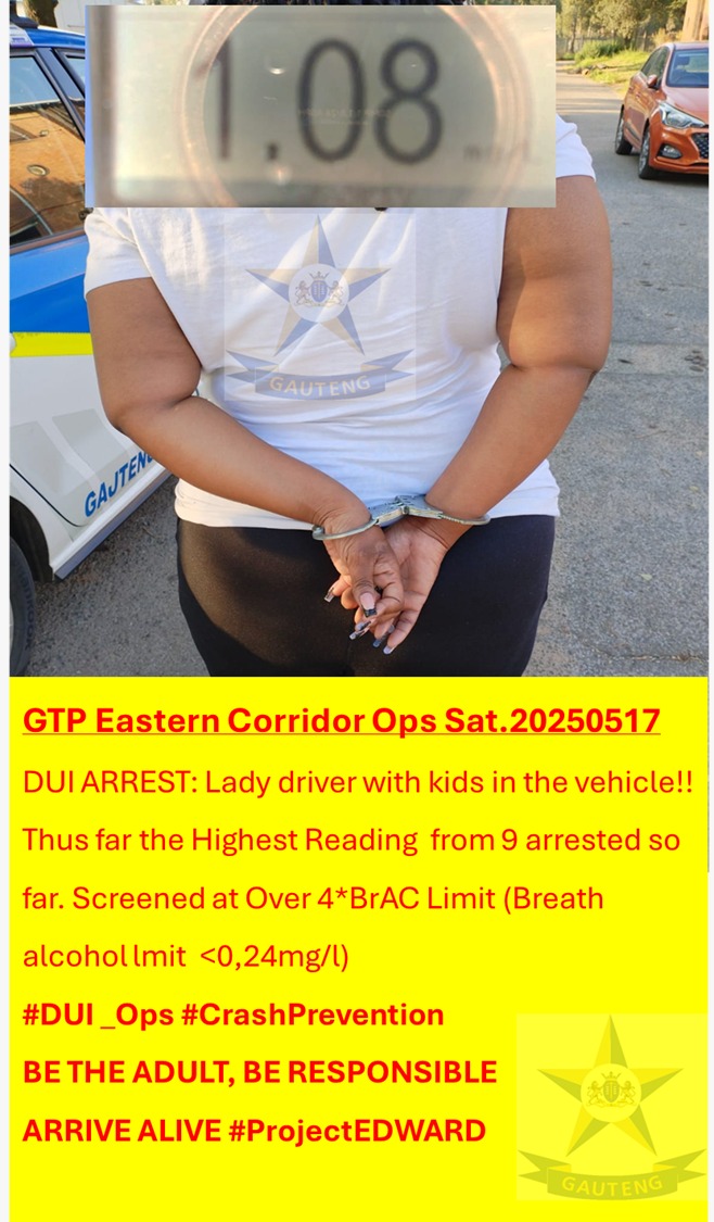 GTP_Traffstats's tweet photo. DRUNKEN DRIVING ARREST!
OVER 4*Over the Limit!
Suspect driving with kids in vehicle 
GTP EASTERN CORRIDOR OPS.
9 suspects arrested shortly after Saturday afternoon Operation began
#BeTheAdult #Drive💯 %SOBER
#ProjectEDWARD @GP_CommSafety @_ArriveAlive https://t.co/tzvVg6Bo1X