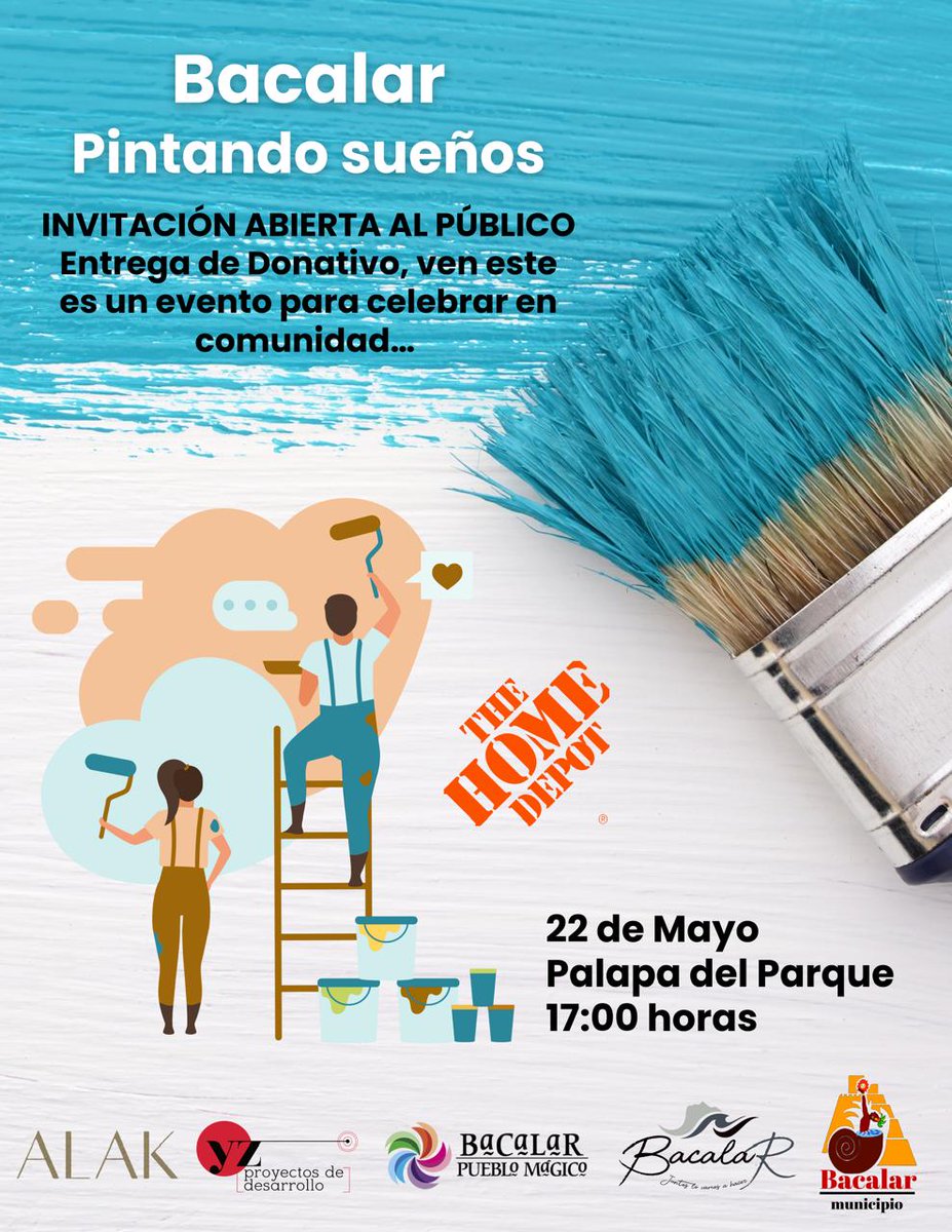 ¡Bacalar Pintando Sueños!
Te invitamos a un evento lleno de color.
Celebramos la entrega del donativo de 100 botes de pintura por parte de The Home Depot, que dará vida al proyecto Bacalar: Pintando Sueños, una iniciativa comunitaria para recuperar y embellecer nuestros espacios