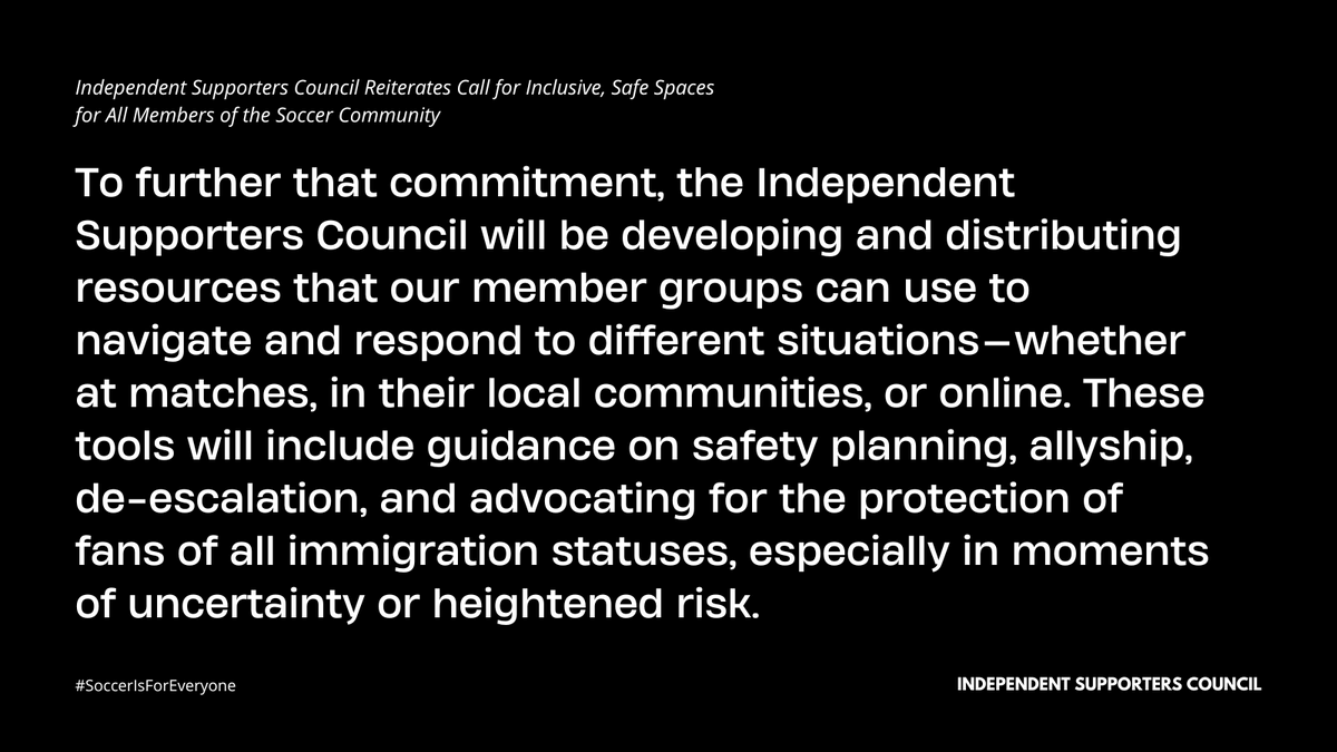 ISCSupporters's tweet photo. The Independent Supporters Council is working to launch resources to help our communities stay safe, show allyship, and support one another at matches, online, and beyond.
You are seen. You are valued. You belong.
#SolidarityBeyondTheStands #SoccerIsForEveryone #WeAreNotAllHere https://t.co/JmUirusxgd