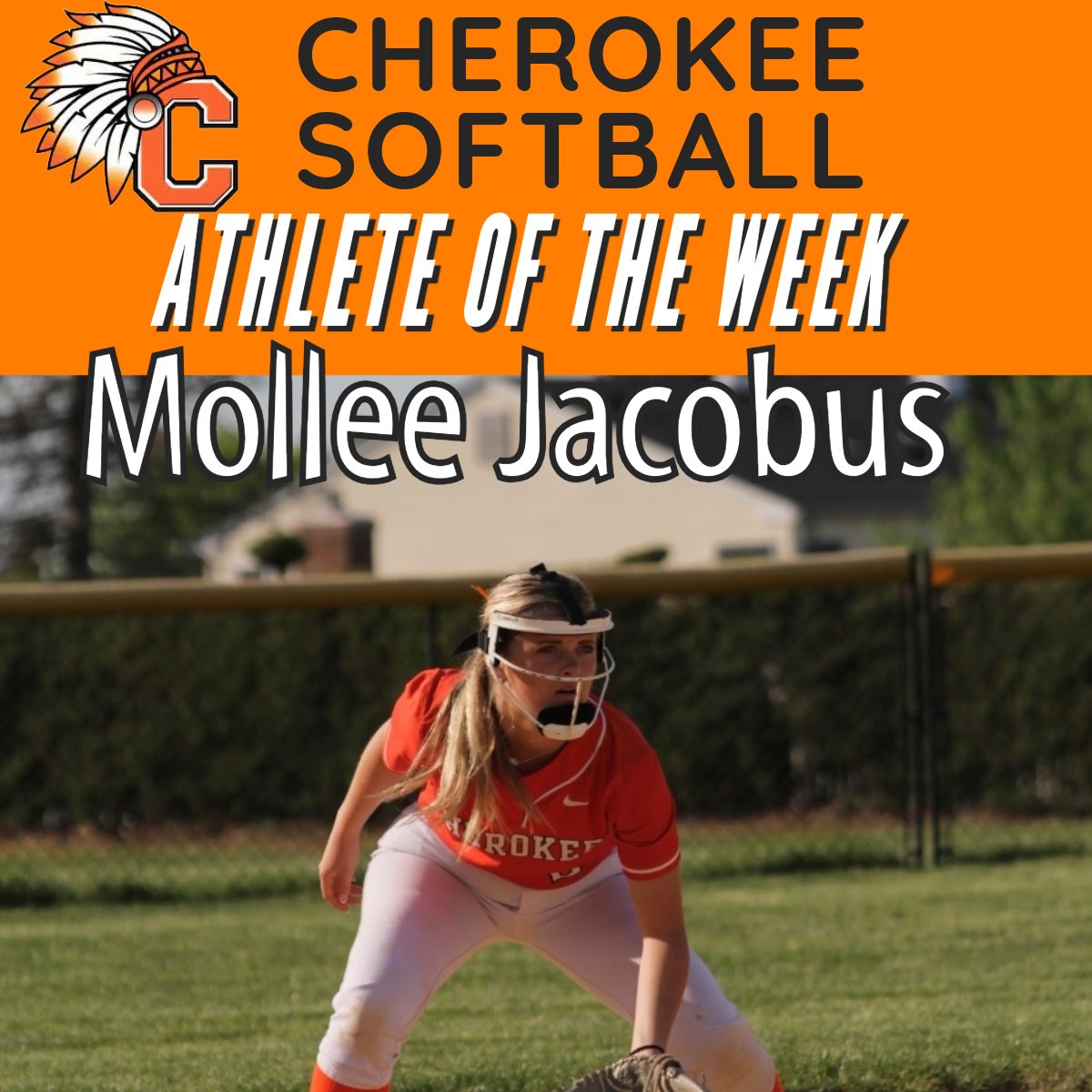 Congrats to Mollee Jacobus, our Athlete of the Week. Mollee has been a leader on and off the field this year as a senior captain. 👏 She leads the team with 19 singles in the lead-off spot and only 3 Ks all year!  She has also had 10 RBIs and 15 runs for the Chiefs. 👏 🧡
