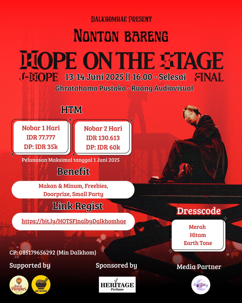 NewHelloMello's tweet image. Nobar j-hope “Hope On The Stage Final”

📍Grhatama Pustaka, Yogyakarta

Info lengkap: IG @/dalkhomhae_ 

Tag nobar jhope hopeonthestagefinal nobar jhope jogja
