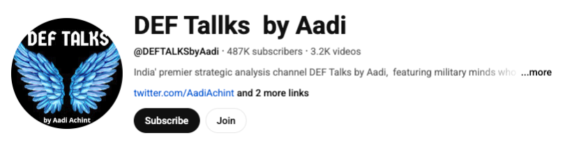 bhaktsdotcom's tweet image. 2/AA🎙️ DEF Talks by Aadi Achint
#DEFTalks is a #YouTube channel and podcast series hosted by Aadi Achint, focusing on 🇮🇳Bharat&apos;s defence, geopolitics, and strategic affairs. Launched during the 2020 🇮🇳Bharat-🇨🇳 China standoff, the platform offers in-depth discussions with 🪖…
