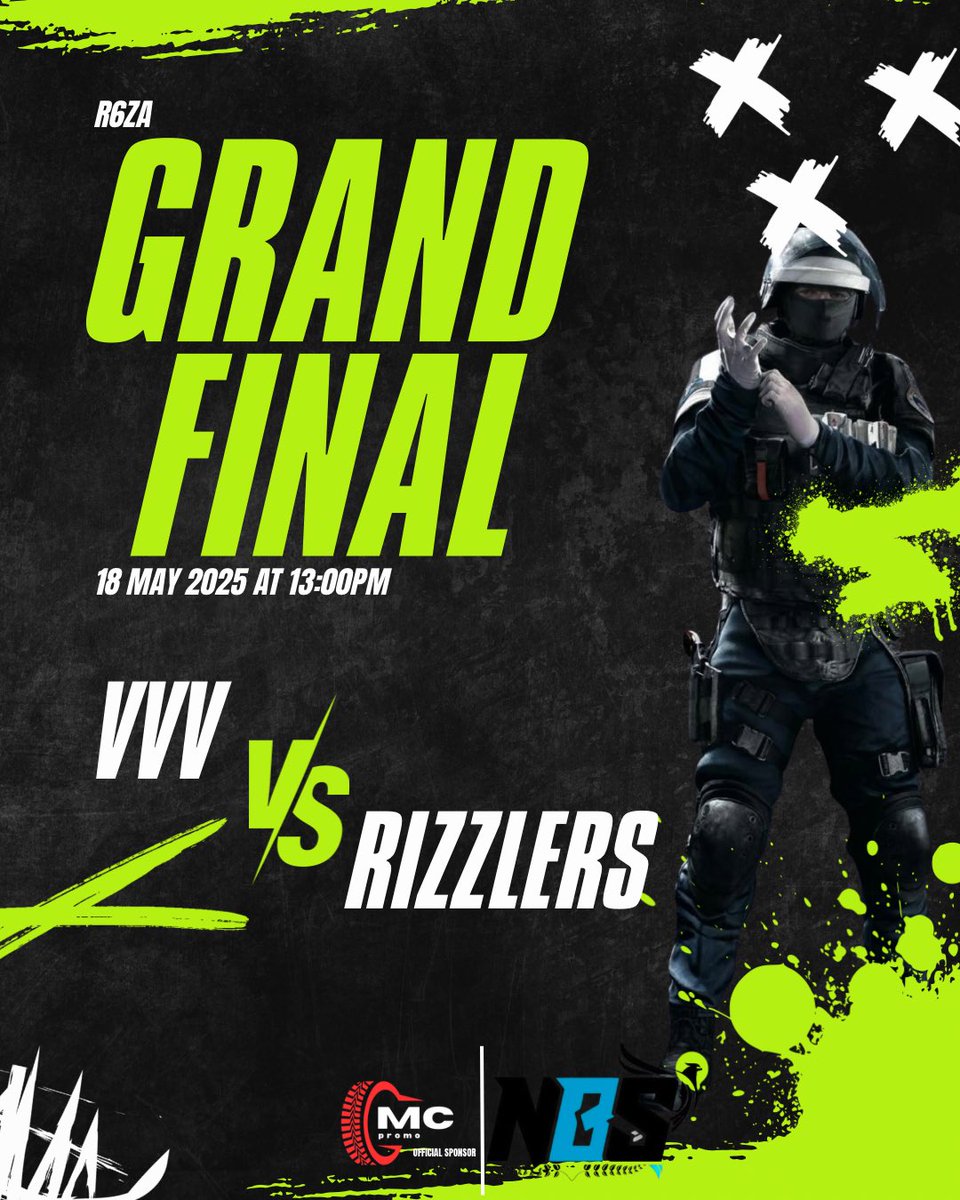 🎮 R6ZA GRAND FINAL SHOWDOWN!

🔥 It’s VVV vs Rizzlers in the ultimate battle!
📅 18 May 2025
🕐 Kickoff at 13:00
💥 Who will take the crown? Tune in and witness the clash of titans!

#R6ZA #EsportsFinal #VVVvsRizzlers #GrandFinal #RainbowSix