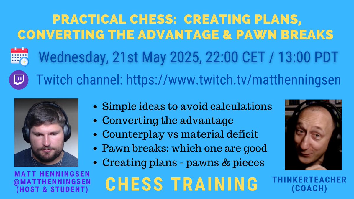 Thinkerteacher (@thinkerteachair) on Twitter photo Probably some of you may know <a href="/matthenningsen/">Matt Henningsen</a>
- he is the NFL guy who is chess passionate at the same time!
We start next training session - performed at Matt's Twitch channel. I am in the background trying to use chesscom platform to help Matt's chess to get to the next level! Probably some of you may know <a href="/matthenningsen/">Matt Henningsen</a>
- he is the NFL guy who is chess passionate at the same time!
We start next training session - performed at Matt's Twitch channel. I am in the background trying to use chesscom platform to help Matt's chess to get to the next level!