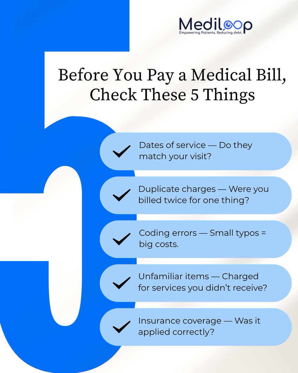 medi_loop's tweet image. Don’t just pay — verify first.
These five checks can save you hundreds.

#BillChecklist #SmartPaying #ReviewBeforePaying #PatientWisdom #MediLoop