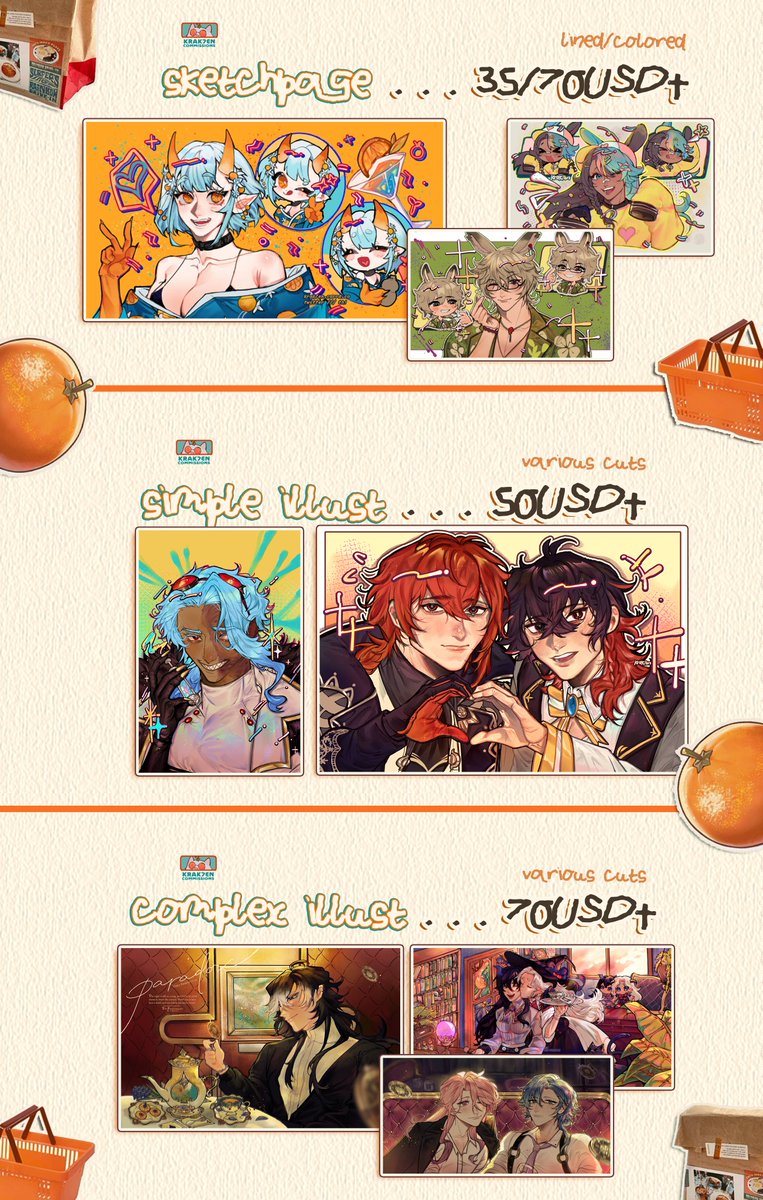 krak7en's tweet photo. [RTS APPRECIATED 📮🍊] 

hello, #commissions are OPEN again! 
🔸OPEN IMG FOR OPTIONS 🔻
🔸all details and order through VGEN
🔸https://t.co/cVaMpZh8F2
🔸feel free to DM or email for any inquiries or if you wish to not use VGEN for your order. 

#commsopen #vgencomms https://t.co/c3A1Ypkuyx