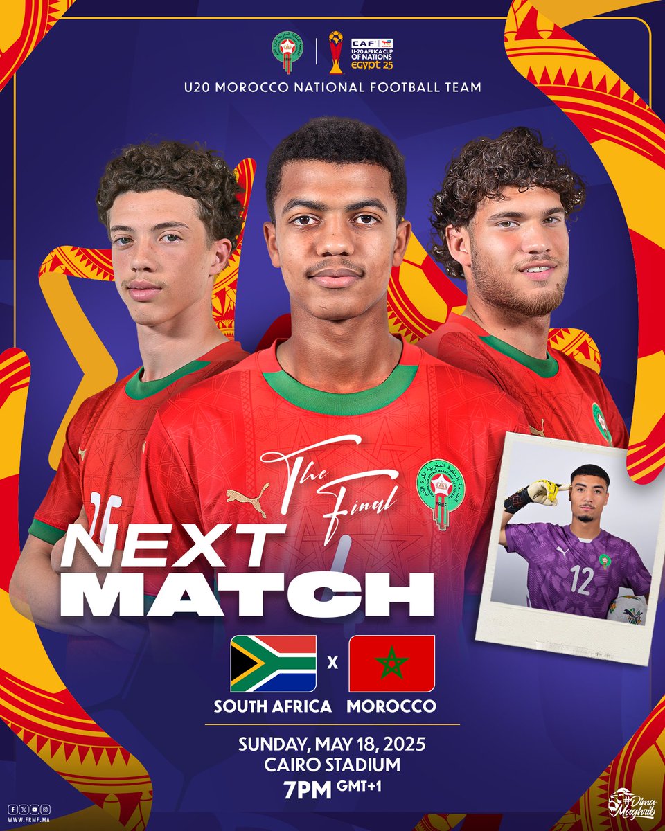 موعد النهائي يقترب ⏳ 
المنتخب الوطني يواجه جنوب إفريقيا في نهائي كأس إفريقيا لأقل من 20 سنة

Next match 🔜  Morocco faces South Africa in the #TotalEnergiesAFCONU20 FINAL 🇿🇦🇲🇦

#DimaMaghrib