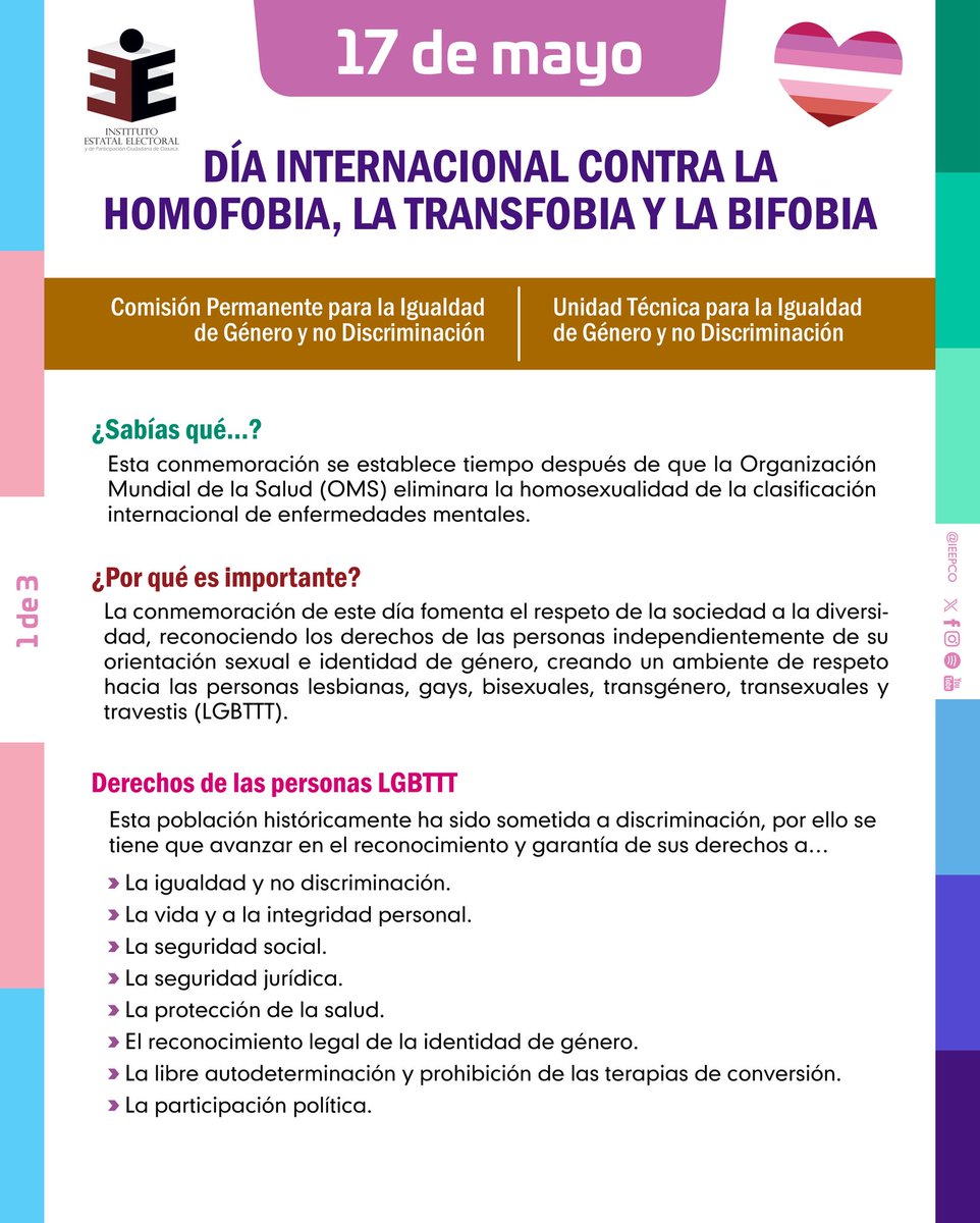 IEEPCO's tweet image. En el #IEEPCO reafirmamos nuestro compromiso con la igualdad, la no discriminación y el respeto a los #DH.

Trabajamos por una democracia incluyente, donde todas las personas —sin importar su orientación sexual o identidad de género— puedan ejercer sus derechos.