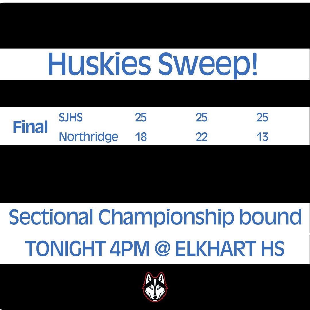 HUSKIES SWEEP NORTHRIDGE IN THE SECTIONAL SEMIFINALS

Huskies are heading to the Sectional Championship TONIGHT 5/17 at 4pm vs the winner of Penn and Riley. 

Game will be played again at Elkhart High School

Get tickets here: public.eventlink.com/tickets?t=1284…