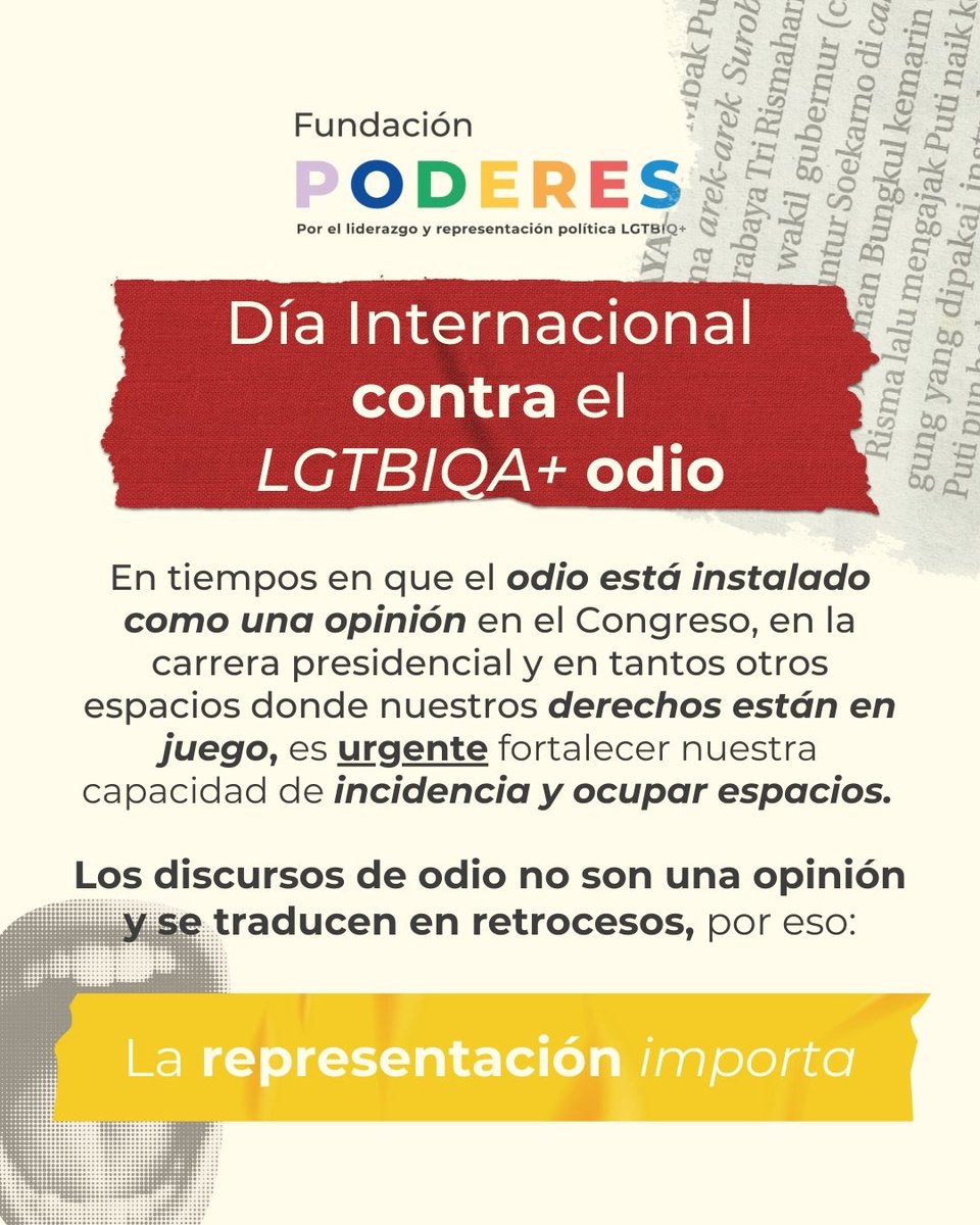 🗓️Hoy 17 de mayo, en el Día Internacional Contra el LGTBIQA+ Odio reivindicamos la necesidad de fortalecer nuestra incidencia política y social, porque ¡la representación importa! Para tener democracias verdaderamente amplias nosotros, nosotras y nosotres tenemos que ser parte 📣