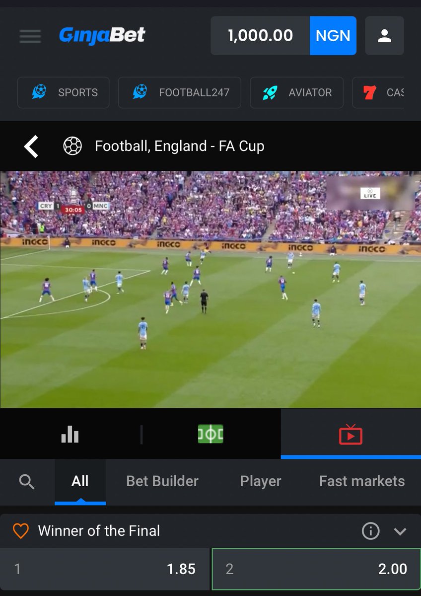Streaming the FA Cup Final between Man City and Crystal Palace on the GinjaBet website. Wow! 💥