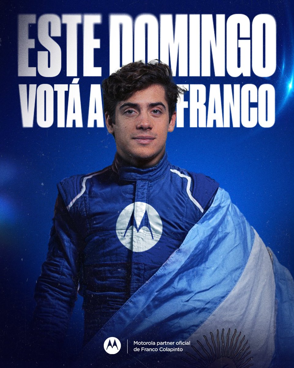 motorola_AR's tweet photo. 🇦🇷 Este domingo hacé patria y votá a Franco, que nosotros hacemos una promo para devolverte todo el aguante 🙌.

Elegí a @francolapinto como mejor piloto y alentalo en su vuelta 🏁

Ingresá a https://t.co/9uveVr1fe3  y apóyalo 💪

#f1 #francolapinto #hellofranco https://t.co/jVAZTqjEj6