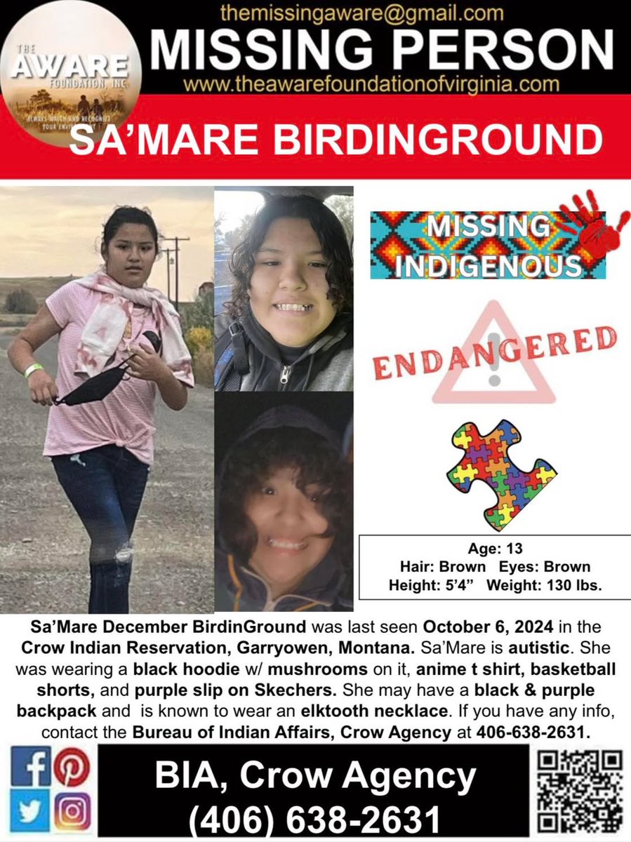 ***MISSING ENDANGERED JUVENILE***
Sa’Mare December BirdinGround was last seen October 6, 2024 in the Crow Indian Reservation, Garryowen, Montana. Sa’Mare is autistic. She was wearing a black hoodie w/ mushrooms on it, anime t shirt, basketball shorts, and purple slip on Skechers.