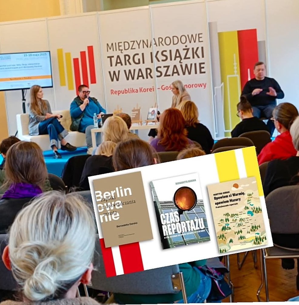 DziKS_UWM's tweet photo. Prof. Bernadetta Darska @BDarska i dr Martyna Siudak @MartynaSiudak wraz z szefową Wydawnictwa Uniwersytetu Warmińsko-Mazurskiego, Aurelią Grejner, rozmawiały dziś o reportażu podczas Międzynarodowych Targów Książki w Warszawie. Serdecznie pozdrawiamy 📚🎤 https://t.co/wQRyO8PiR3