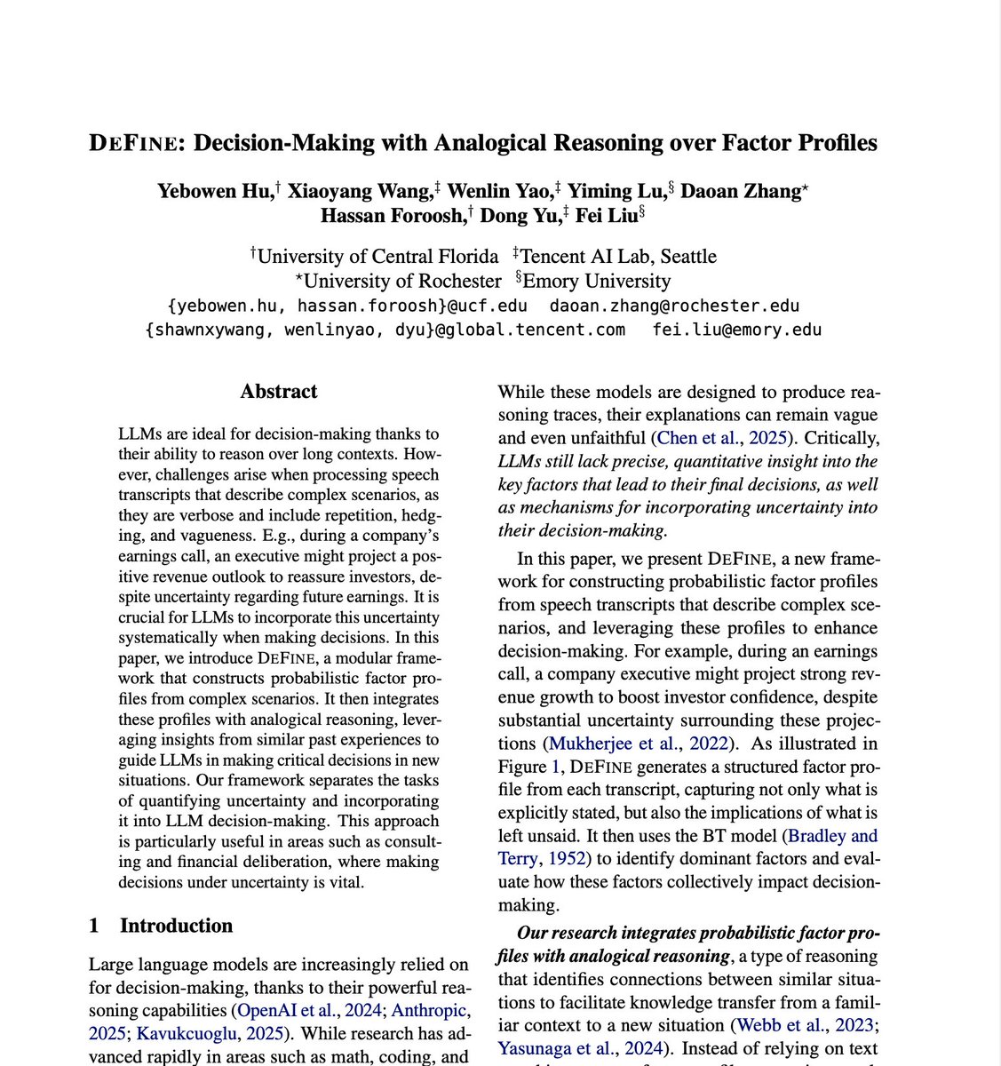 feiliu_nlp's tweet image. ✨ Excited to share that our paper "#DeFine: Decision-Making with Analogical Reasoning" has been accepted to #ACL2025 Findings! 🙌 We study how LLMs can better handle uncertainty in complex scenarios using analogical reasoning. Congrats to my amazing students and collaborators!…