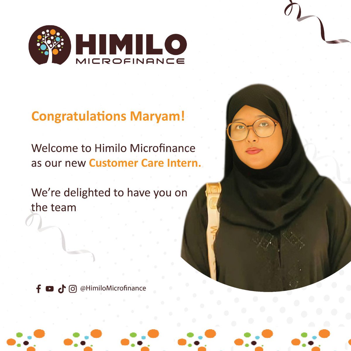 HimiloMFI's tweet photo. Congratulations, Maryam Mohamud Abdullahi

Welcome to Himilo Microfinance Somalia as our new Customer Care Intern.

We’re delighted to have you on the team!

#TeamHimilo #WelcomeAboard #CustomerCare #HimiloMicrofinance #microfinancesomalia https://t.co/N6ukArYMTg