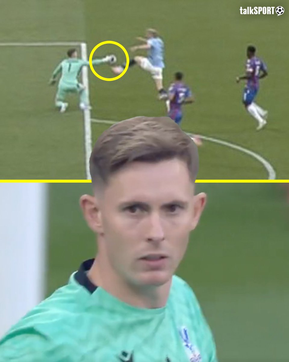 talkSPORT's tweet photo. Dean Henderson handled the ball OUTSIDE the box, and VAR decide NOT to send him off... ❌

How?! 🤯

Do you think he should've got a red card? 🤔 https://t.co/Si9o2KjgJ3