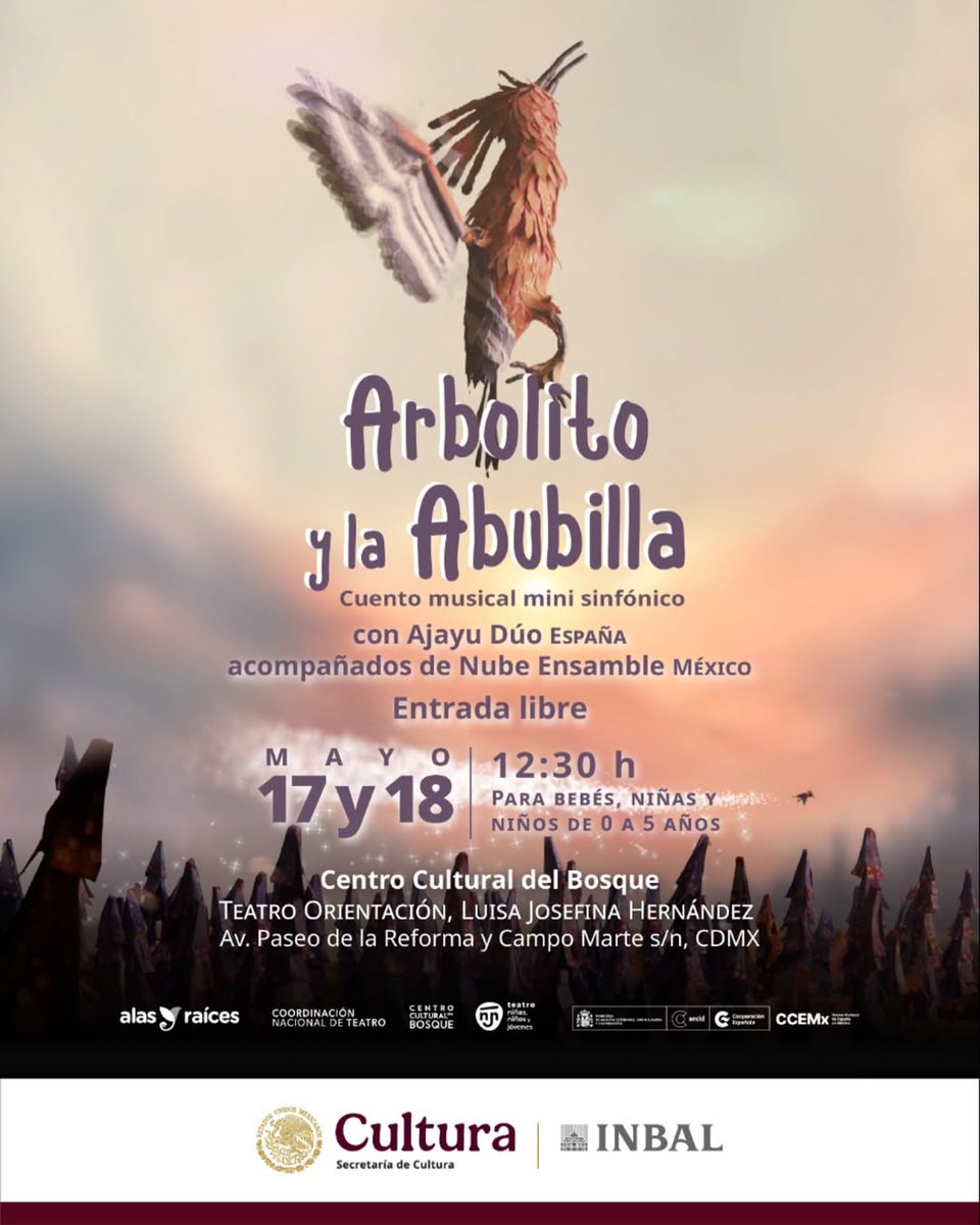 ccemx's tweet photo. #AlasyRaices en el Teatro Orientación
🎶🌳 ¡Un cuento musical que te hará cantar y soñar!
Este 17 y 18 de mayo, ven a disfrutar de la mágica historia de “Arbolito y la Abubilla” a cargo de Ajayu dúo, acompañados de Nube Ensamble.
Este divertido espectáculo sobre seguir tus sueños y hacer lo que amas, ¡Será una experiencia inolvidable!
👦👧 Para bebés, niñas y niños de 0 a 5 años
⌚12:30 h
📍 Teatro Orientación | #EntradaLibre
👀 Se recomienda llegar con anticipación para asegurar tu lugar en la función.
🔗 Más imformación en https://t.co/kEf4cMSXSM
@AlasyRaices
#AlasYRaíces #AjayuDúo #TeatroParaInfancias #PrimeraInfancia