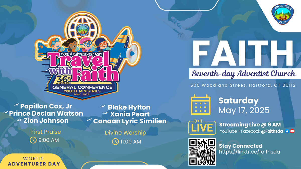 faith_sda's tweet photo. Happy World Adventurer Day! Celebrating bold, curious young explorers ages 2–9 as they #TravelwithFaith through play, imagination, and wonder!

9 AM - First Praise
11 AM - Divine Worship
2:PM - Adventurer's Lunch
3:00 PM - Bible Class
4:45 PM - Faith Family Forum

#HappySabbath https://t.co/5MjxGqlAKF
